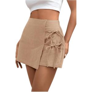 imageFloerns Womens Solid Wrap Front Linen Skirt Shorts Drawstring Knot Side Skort ShortsKhaki