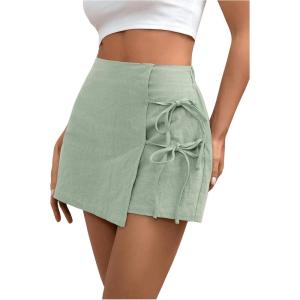 imageFloerns Womens Solid Wrap Front Linen Skirt Shorts Drawstring Knot Side Skort ShortsMint Green