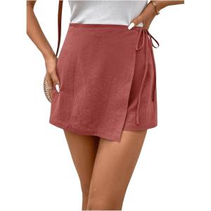 imageFloerns Womens Solid Wrap Front Linen Skirt Shorts Drawstring Knot Side Skort ShortsRedwood