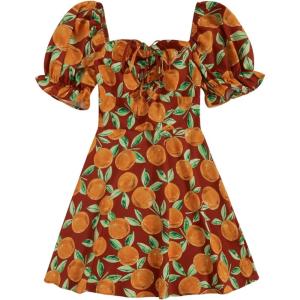 imageFloerns Womens Summer Drawstring Sweetheart Neck Puff Sleeve A Line Short DressAred Orange