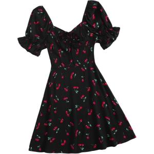 imageFloerns Womens Summer Drawstring Sweetheart Neck Puff Sleeve A Line Short DressBlack Cherry