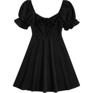 imageFloerns Womens Summer Drawstring Sweetheart Neck Puff Sleeve A Line Short DressBlack Dull