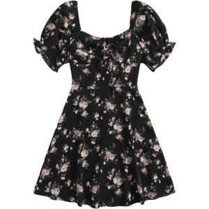 imageFloerns Womens Summer Drawstring Sweetheart Neck Puff Sleeve A Line Short DressBlack Flower