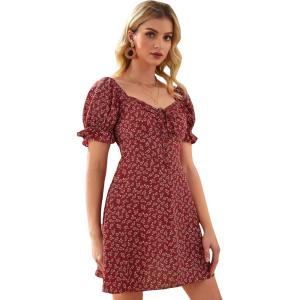 imageFloerns Womens Summer Drawstring Sweetheart Neck Puff Sleeve A Line Short DressBurgundy