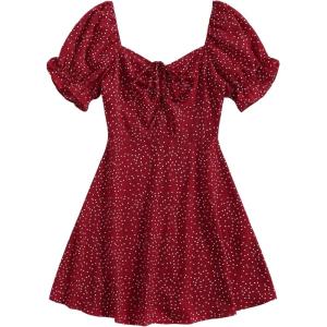 imageFloerns Womens Summer Drawstring Sweetheart Neck Puff Sleeve A Line Short DressBurgundy Red