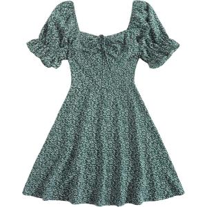 imageFloerns Womens Summer Drawstring Sweetheart Neck Puff Sleeve A Line Short DressDark Green