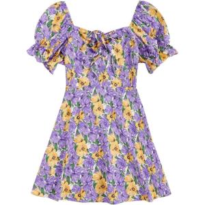 imageFloerns Womens Summer Drawstring Sweetheart Neck Puff Sleeve A Line Short DressFloral Purple
