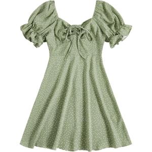 imageFloerns Womens Summer Drawstring Sweetheart Neck Puff Sleeve A Line Short DressGreen
