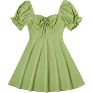 imageFloerns Womens Summer Drawstring Sweetheart Neck Puff Sleeve A Line Short DressGreen Solid