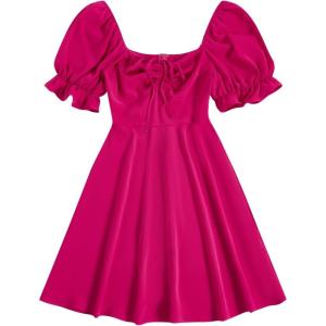 imageFloerns Womens Summer Drawstring Sweetheart Neck Puff Sleeve A Line Short DressHot Pink