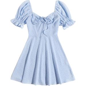 imageFloerns Womens Summer Drawstring Sweetheart Neck Puff Sleeve A Line Short DressLight Blue
