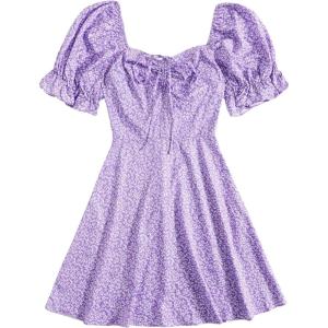 imageFloerns Womens Summer Drawstring Sweetheart Neck Puff Sleeve A Line Short DressLilac Purple