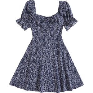 imageFloerns Womens Summer Drawstring Sweetheart Neck Puff Sleeve A Line Short DressNavy Blue