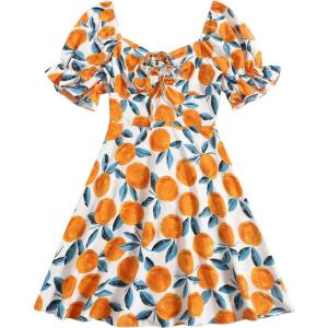 imageFloerns Womens Summer Drawstring Sweetheart Neck Puff Sleeve A Line Short DressOrangeWhiteBlue