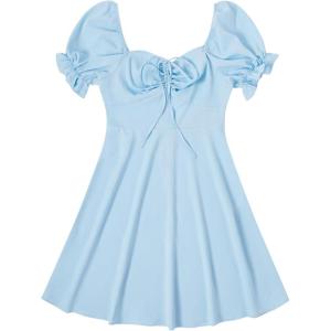 imageFloerns Womens Summer Drawstring Sweetheart Neck Puff Sleeve A Line Short DressPale Blue