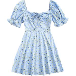 imageFloerns Womens Summer Drawstring Sweetheart Neck Puff Sleeve A Line Short DressPastel Blue