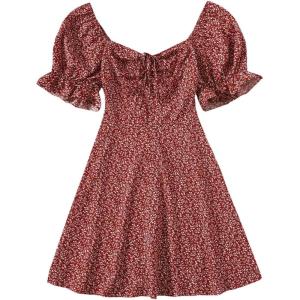 imageFloerns Womens Summer Drawstring Sweetheart Neck Puff Sleeve A Line Short DressRedwood