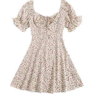 imageFloerns Womens Summer Drawstring Sweetheart Neck Puff Sleeve A Line Short DressWhite Floral
