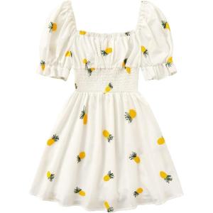imageFloerns Womens Summer Drawstring Sweetheart Neck Puff Sleeve A Line Short DressWhite Flower