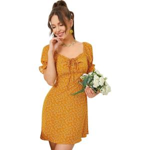 imageFloerns Womens Summer Drawstring Sweetheart Neck Puff Sleeve A Line Short DressYellow