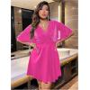 imageFloerns Womens Plus Size Glitter Wrap V Neck Short Sleeve Party A Line DressHot Pink Solid