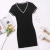 imageFloerns Womens Short Sleeve V Neck Striped Trim Rib Knit Bodycon T Shirt Mini DressBlack