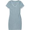 imageFloerns Womens Short Sleeve V Neck Striped Trim Rib Knit Bodycon T Shirt Mini DressBlue