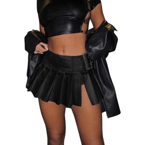 imageFloerns Womens Metallic Mini Skirt Low Rise Buckle Detail Zipper Slit Short Pleated SkirtBlack