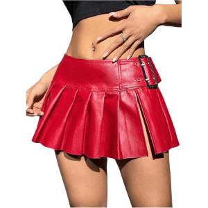 imageFloerns Womens Metallic Mini Skirt Low Rise Buckle Detail Zipper Slit Short Pleated SkirtRed