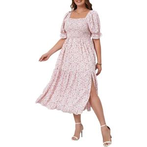imageFloerns Womens Plus Size Boho Floral Print Shirred Ruffle Hem A Line Long DressPink Flower