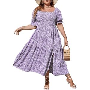 imageFloerns Womens Plus Size Boho Floral Print Shirred Ruffle Hem A Line Long DressPurple