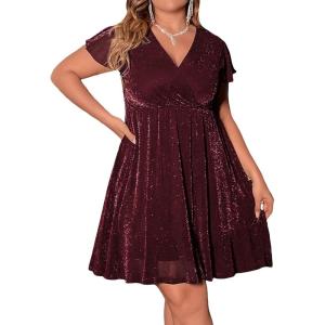 imageFloerns Womens Plus Size Glitter Wrap V Neck Short Sleeve Party A Line DressBurgundy