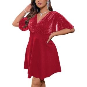 imageFloerns Womens Plus Size Glitter Wrap V Neck Short Sleeve Party A Line DressHot Red