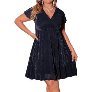 imageFloerns Womens Plus Size Glitter Wrap V Neck Short Sleeve Party A Line DressNavy Blue