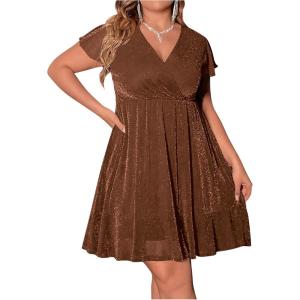 imageFloerns Womens Plus Size Glitter Wrap V Neck Short Sleeve Party A Line DressPlain Brown