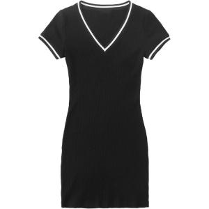 imageFloerns Womens Short Sleeve V Neck Striped Trim Rib Knit Bodycon T Shirt Mini DressBlack