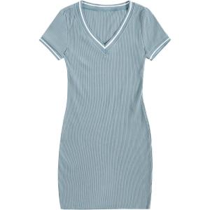 imageFloerns Womens Short Sleeve V Neck Striped Trim Rib Knit Bodycon T Shirt Mini DressBlue