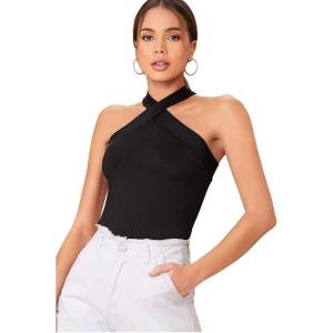 imageFloerns Womens Solid Criss Cross Halter Top Sleeveless Tee ShirtA Black