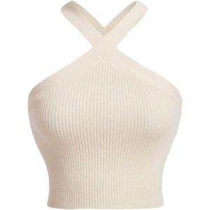 imageFloerns Womens Solid Criss Cross Halter Top Sleeveless Tee ShirtBeige