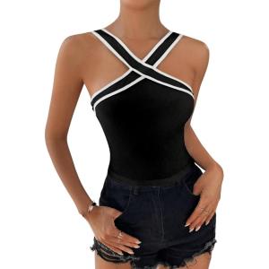 imageFloerns Womens Solid Criss Cross Halter Top Sleeveless Tee ShirtBlack Ink