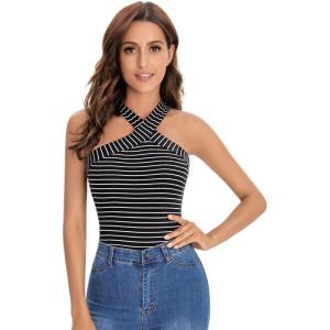 imageFloerns Womens Solid Criss Cross Halter Top Sleeveless Tee ShirtBlack Stripe