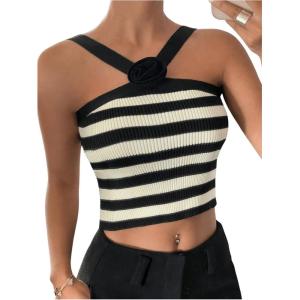 imageFloerns Womens Solid Criss Cross Halter Top Sleeveless Tee ShirtBlack White Striped