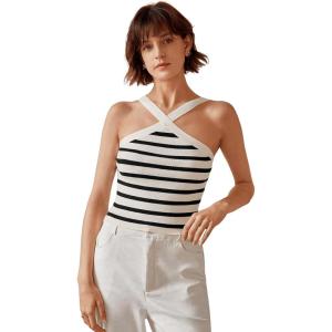 imageFloerns Womens Solid Criss Cross Halter Top Sleeveless Tee ShirtBlack and White