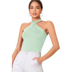 imageFloerns Womens Solid Criss Cross Halter Top Sleeveless Tee ShirtLight Green