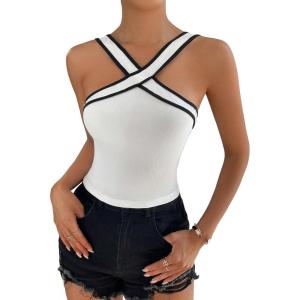 imageFloerns Womens Solid Criss Cross Halter Top Sleeveless Tee ShirtWhite Cream
