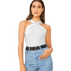 imageFloerns Womens Solid Criss Cross Halter Top Sleeveless Tee ShirtWhite Solid