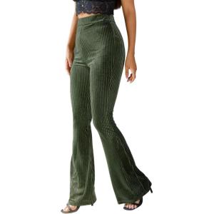 imageFloerns Womens Velvet Elastic Waist Flare Leg Palazzo Long Pants TrousersDark Green