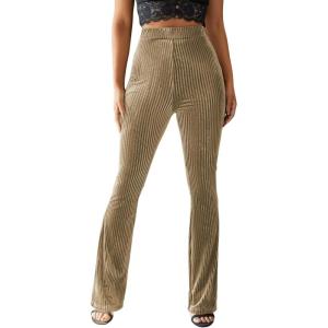 imageFloerns Womens Velvet Elastic Waist Flare Leg Palazzo Long Pants TrousersKhaki