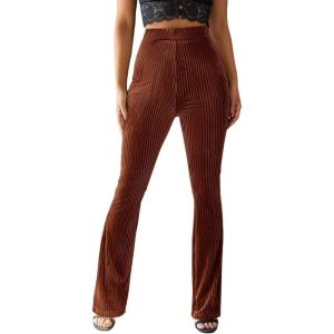 imageFloerns Womens Velvet Elastic Waist Flare Leg Palazzo Long Pants TrousersRust Brown