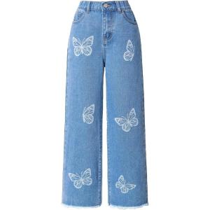 imageFloerns Girls High Waisted Straight Leg Jeans Denim Long Pants with PocketBlue Butterfly